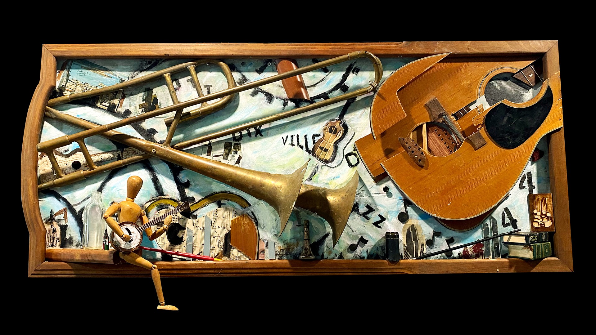 Jazz City  2023  Mixed Media Framed  20”X46”X5”