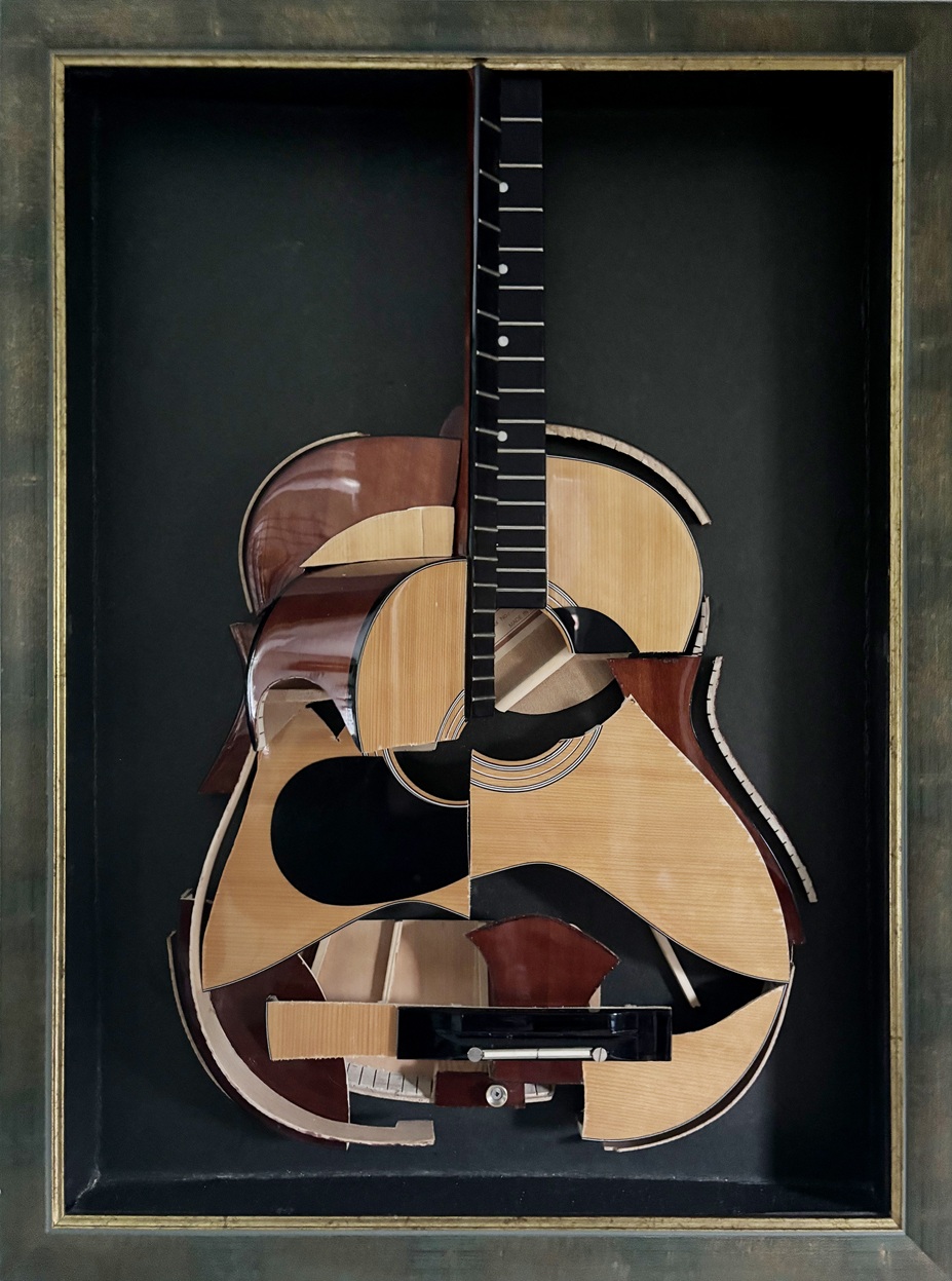 Maestro (2025) 30” X 23” X 6 1/2” Reconstructed Guitar in a Framed Shadow Box