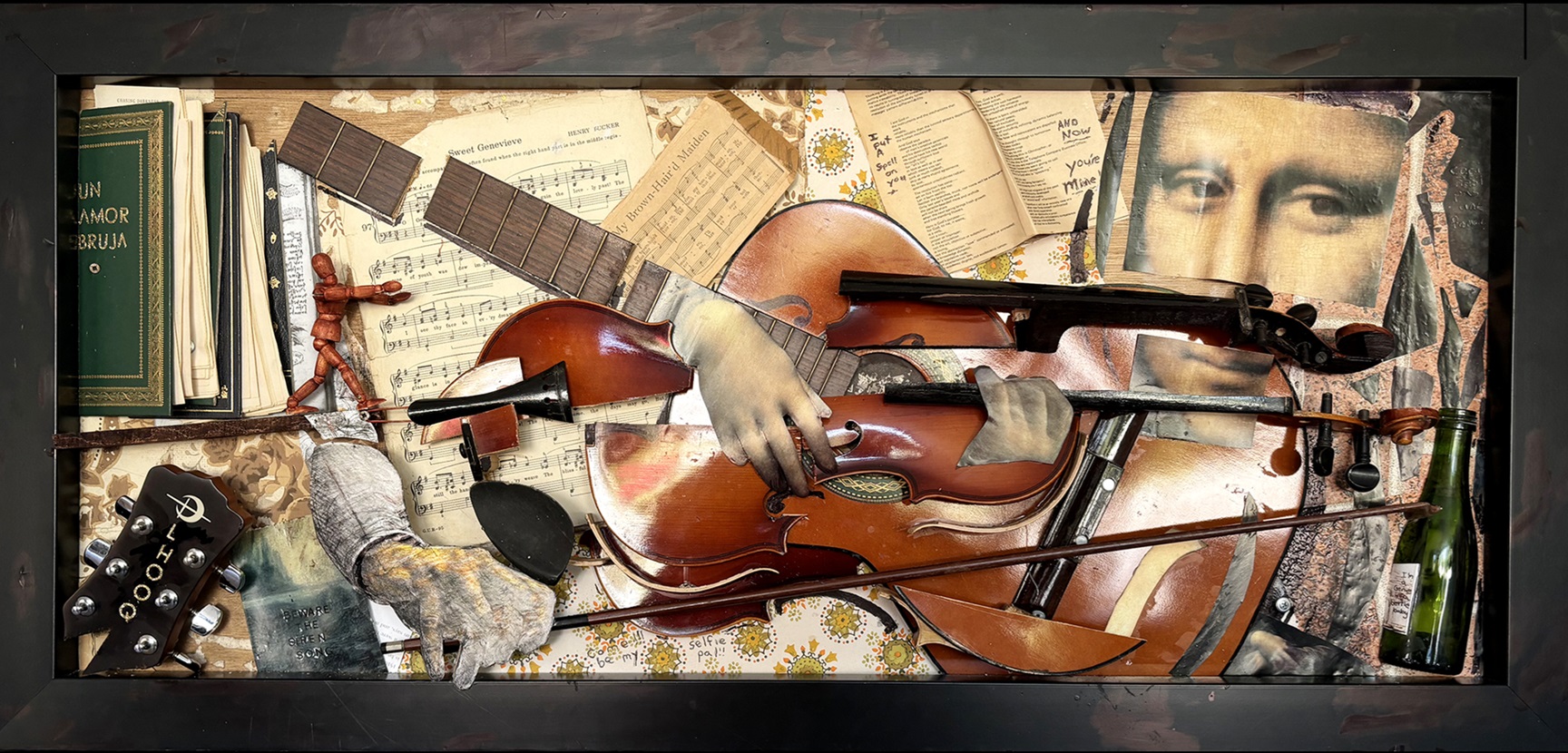 Song for Mona 2024  20 1/4”X43 1/2”X3” Wall Sculpture Mixed Media Framed
