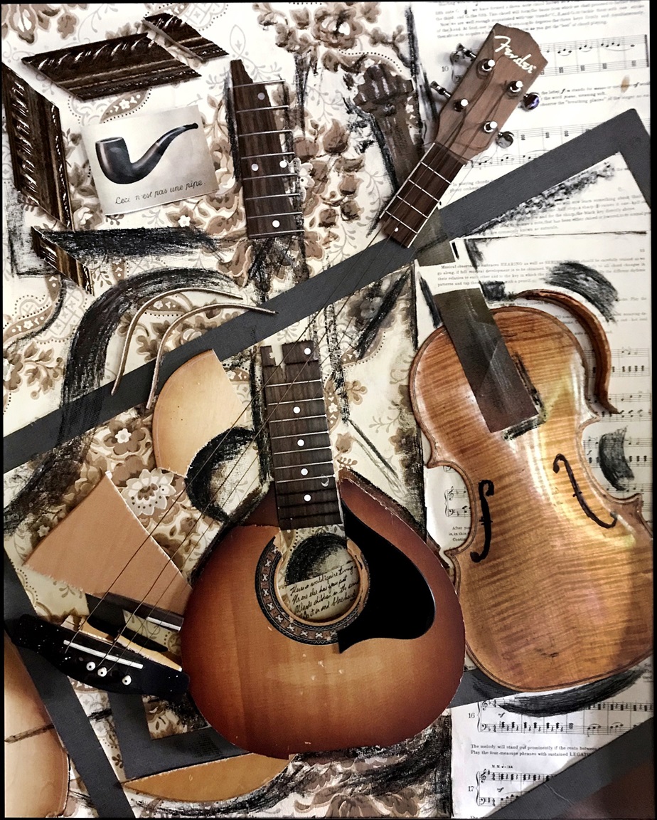 Violin, Mandolin, Guitar and Pipe 2019 Mixed Media 37”X31”X1”